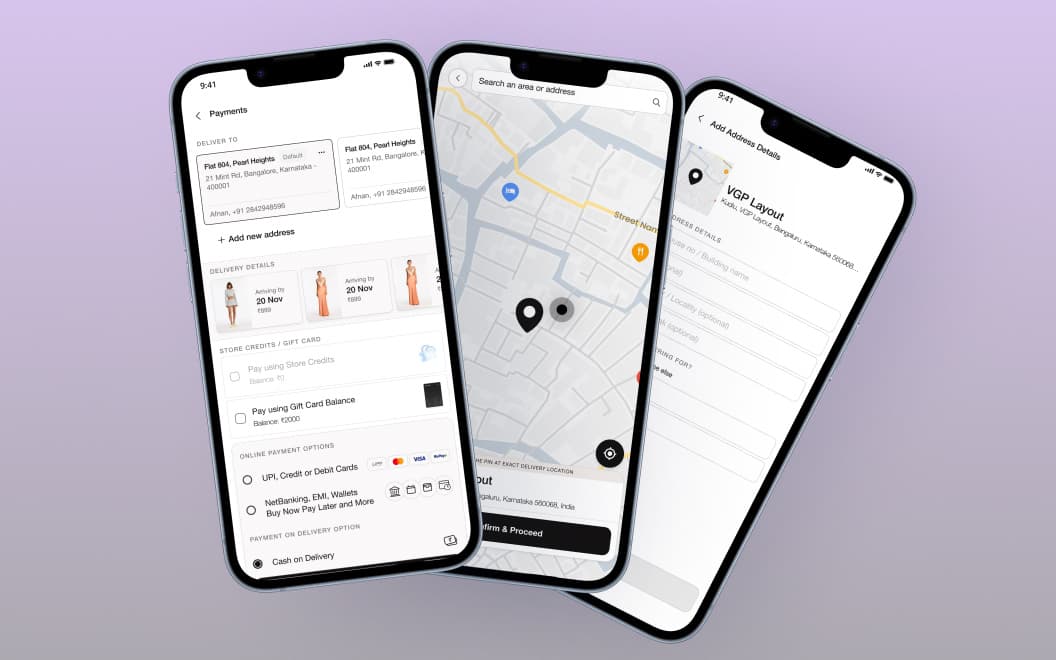 Virgio in-house checkout — payment, map address pin, and add-address screens