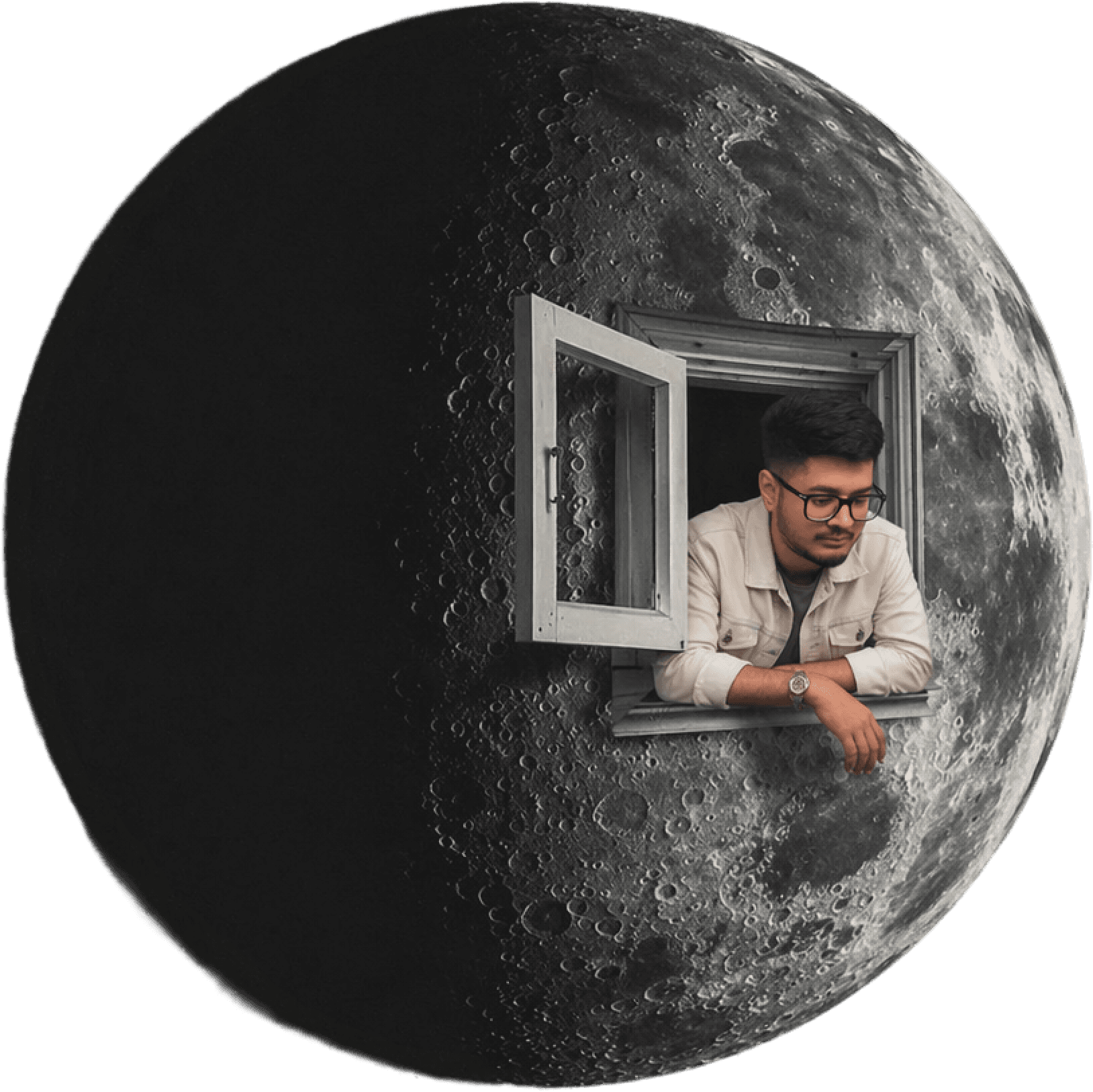 Sameer leaning out of a window cut into the moon