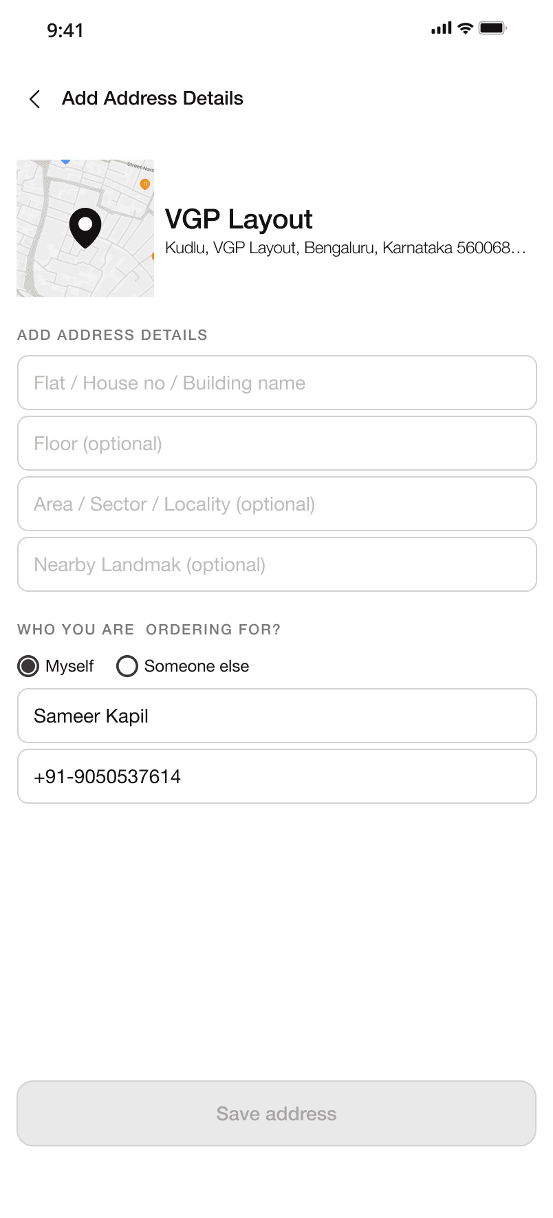Add-address screen — map-backed location card up top, the address-detail form, and a who-are-you-ordering-for selector above the save button