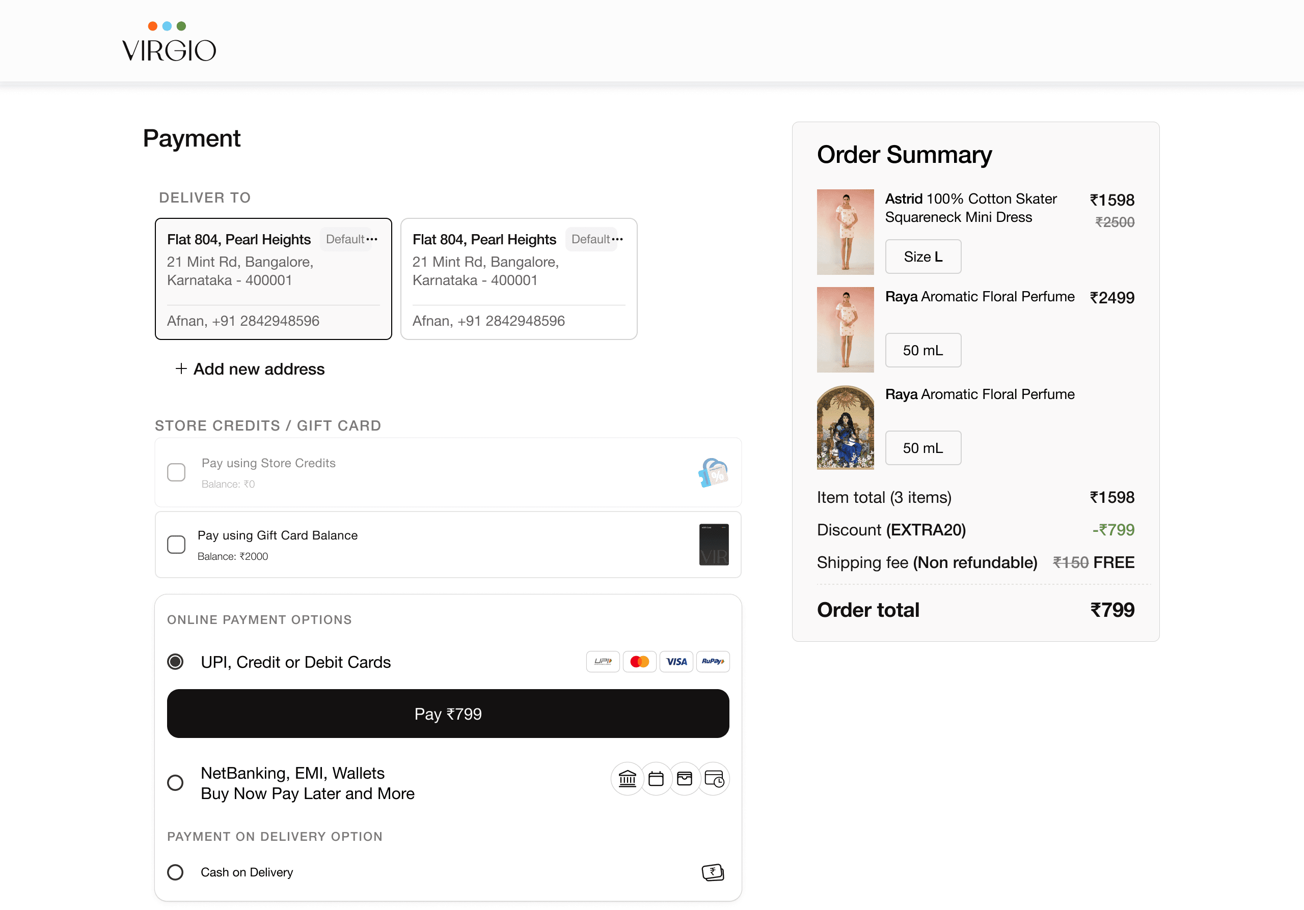 Checkout payment screen — selected default delivery address, store-credit and gift-card options, online payment methods with an active Pay ₹799 button, cash on delivery, and a live order summary on the right