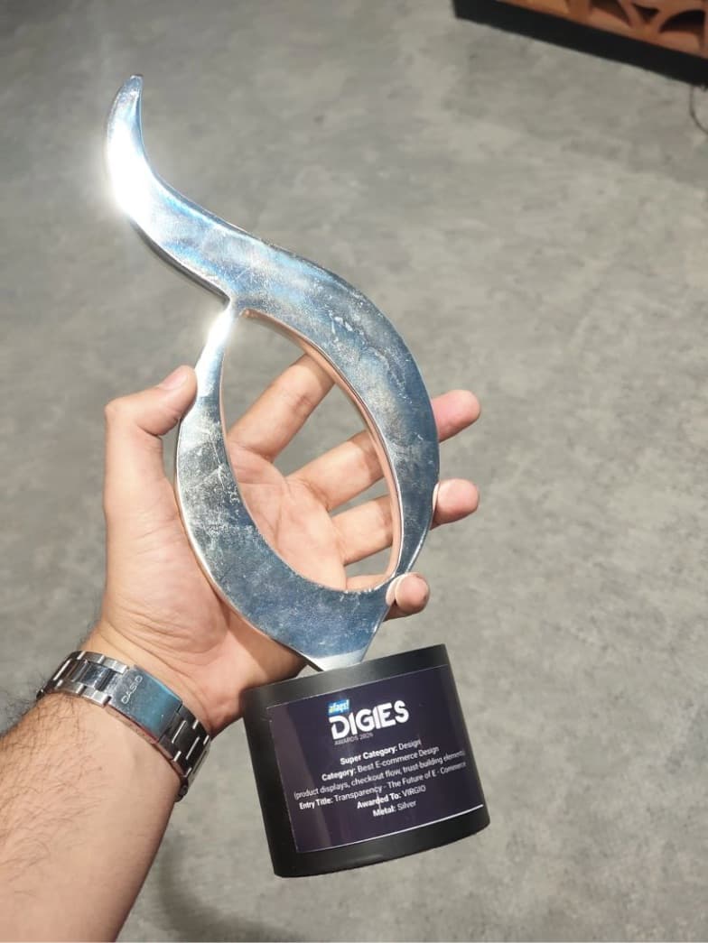 The Silver DIGIES award trophy: Best E-commerce Design. Entry titled ‘Transparency: The Future of E-Commerce’, awarded to Virgio.