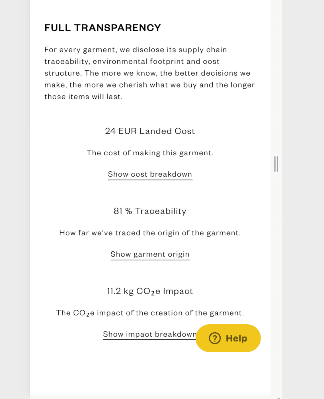 Competitor price-transparency execution: Asket · traceability tabs