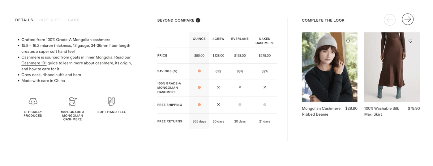 Competitor price-transparency execution: Quince · spec table