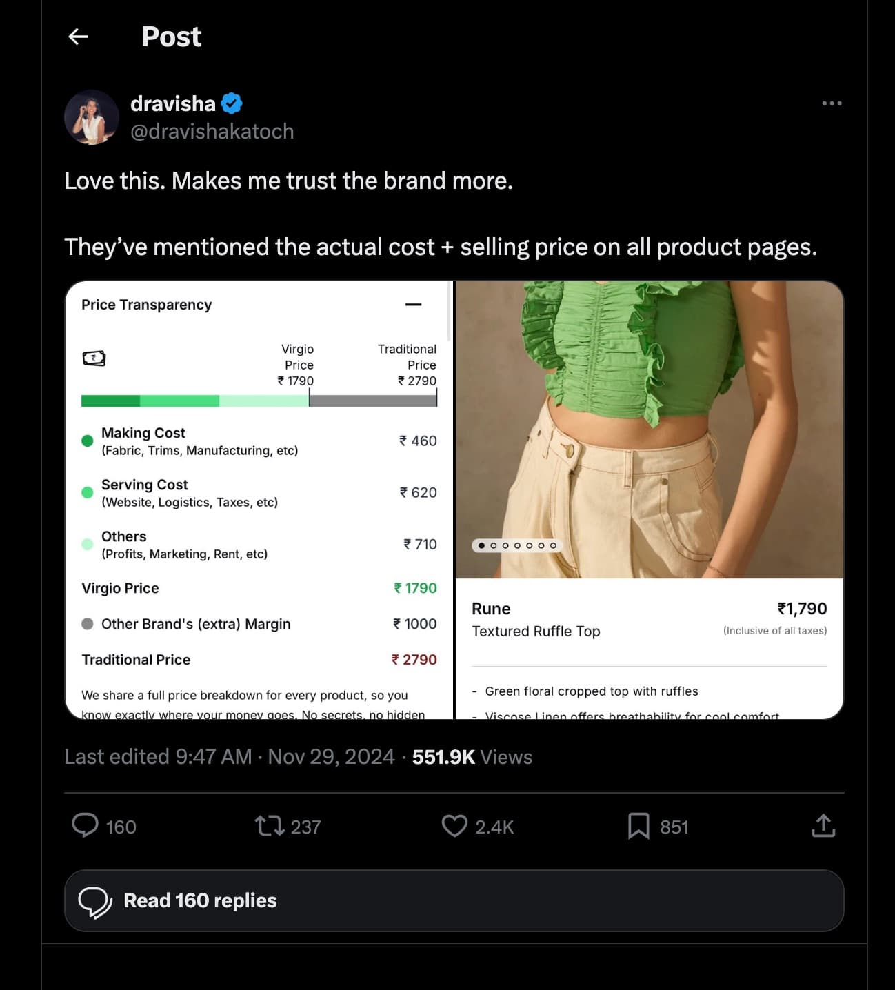 A verified shopper's post: ‘Love this. Makes me trust the brand more. They've mentioned the actual cost + selling price on all product pages.’ 551.9K views, 2.4K likes, 237 reposts.
